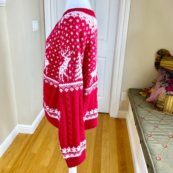 Old Navy Sweater Cardigan Holiday Red White Reindeer Fair Isle 2023 (XL) - Picture 2 of 8